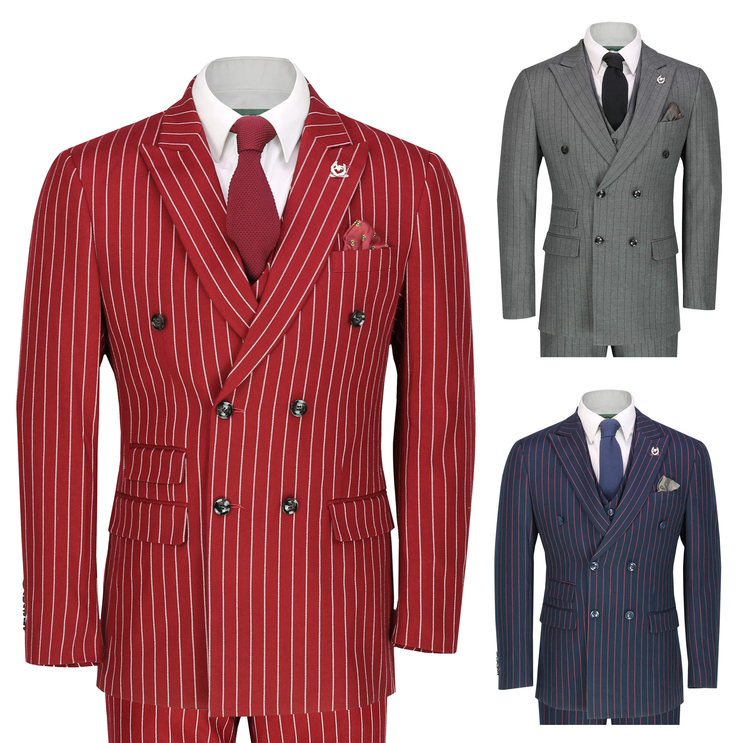 Men’s 3 Piece Double Breasted Suit Vintage Chalk Stripe Smart Classic